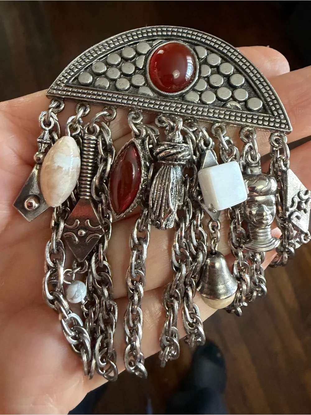 VTG Kuchi Turkmen Tribal Statement Brooch Carnelian Cabochon Tassel Dangle Boho